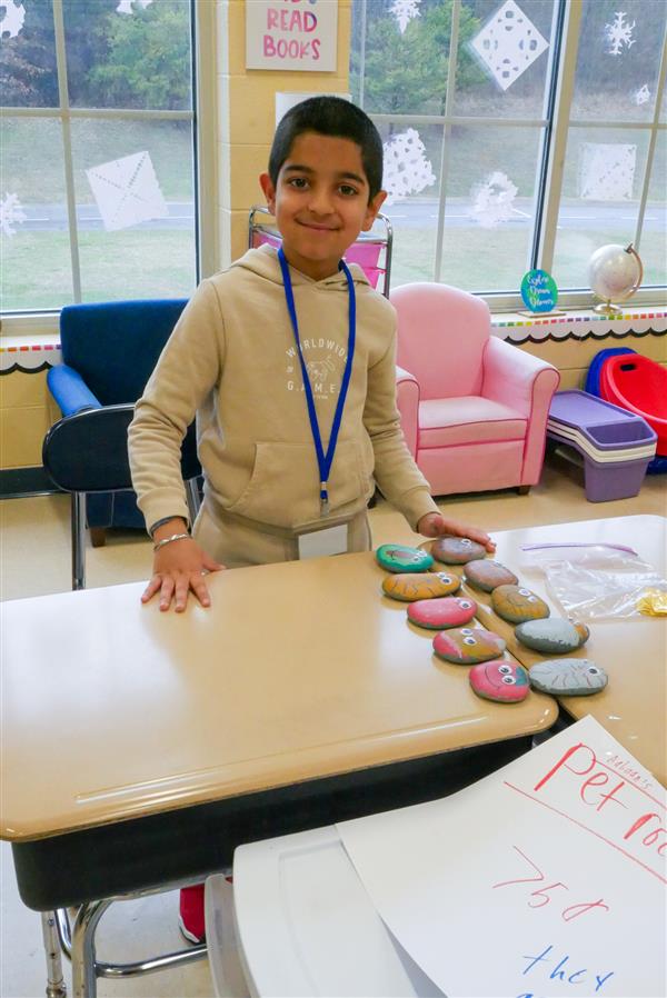 boy at desk with painted rocks